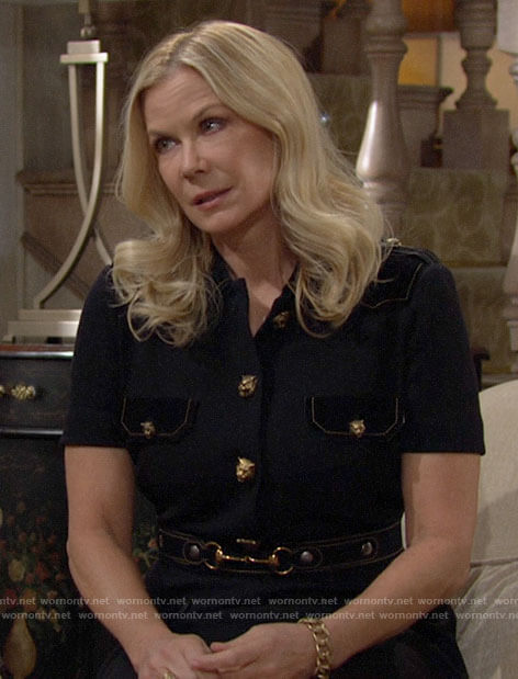 Brooke's black shirtdress with lion head buttons on The Bold and the Beautiful