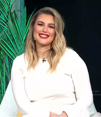 Carissa's white bell sleeve top and skirt on E! News Daily Pop