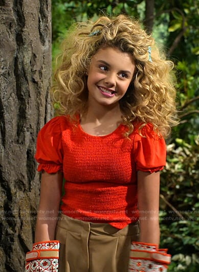 Destiny's red smocked top and faux leather shorts on Bunkd