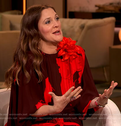 Drew's burgundy floral bell sleeve dress on The Drew Barrymore