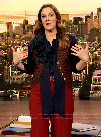 Drew's navy tie neck blouse and vest on The Drew Barrymoreshow