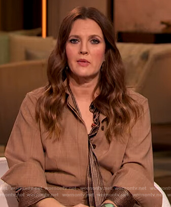 Drew's brown metallic tie blouse on The Drew Barrymore Show