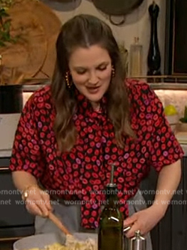 Drew's black lip print tie neck blouse on The Drew Barrymore Show