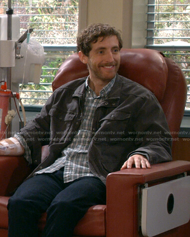 Drew's green plaid shirt and grey jacket on B Positive
