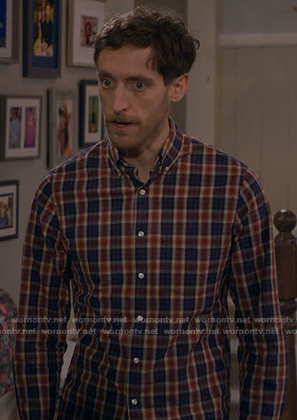 Drew's navy and orange plaid shirt on B Positive