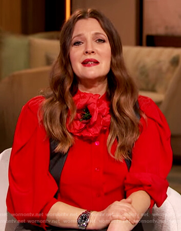 Drew's red silk button down blouse on The Drew Barrymore Show