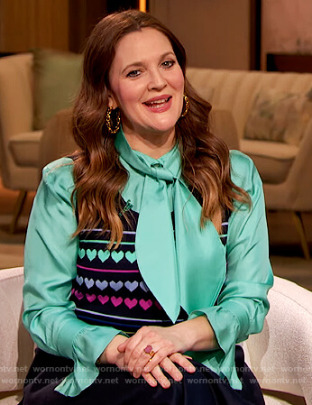 Drew's turquoise satin tie neck blouse on The Drew Barrymore Show
