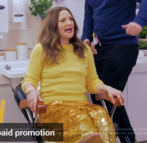 Drew's yellow sweater and sequin skirt on The Drew Barrymore Show