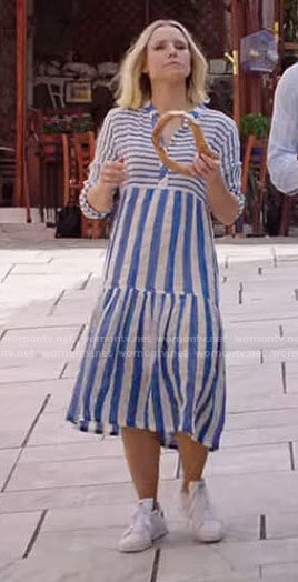 Eleanor's blue striped midi dress on The Good Place