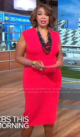Gayle King's red v-neck sheath dress on CBS This Morning