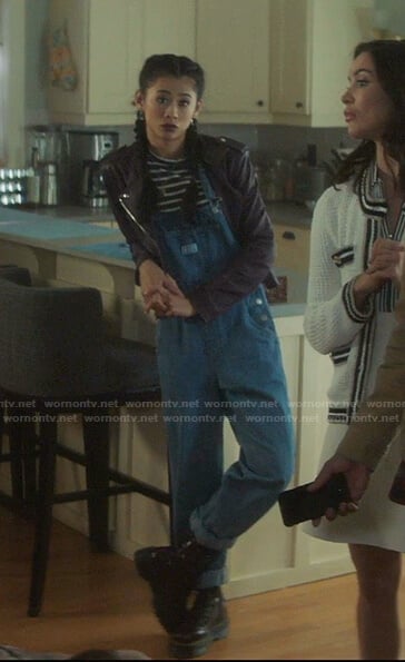 George's denim overalls and leather jacket on Nancy Drew