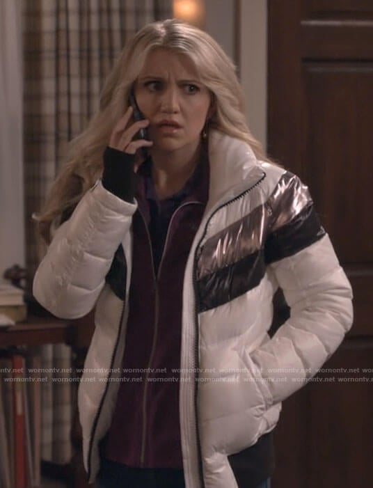 Gina's white metallic puffer jacket on B Positive