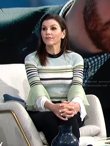 Heather Dubrow's striped ribbed bell sleeve top on E! News Daily Pop