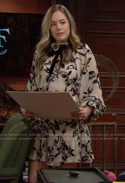 Hope's black and white floral ruffled neck dress on The Bold and the Beautiful