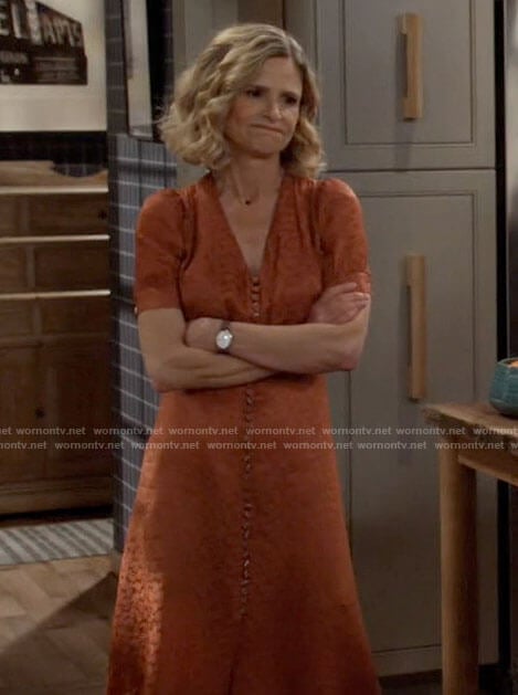 Jean's orange button front midi dress on Call Your Mother