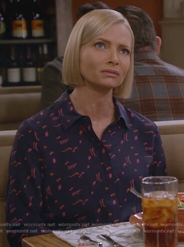 Jill's printed navy blouse on Mom