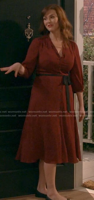 Julia's red printed midi dress on B Positive