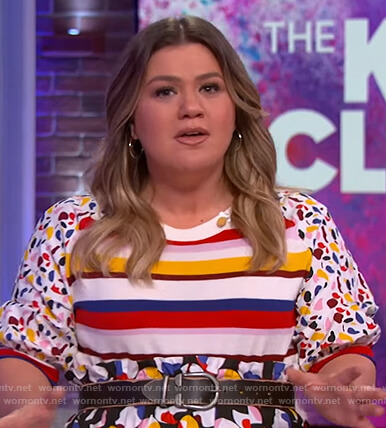 Kelly's mixed print top and printed skirt on The Kelly Clarkson Show