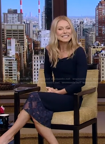 Kelly's navy lace trimmed sheath dress on Live With Kelly