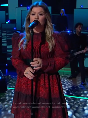 Kelly's red floral print puff sleeve dress on The Kelly Clarkson Show