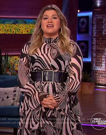 Kelly's zebra stripe blouse and skirt on The Kelly Clarkson Show