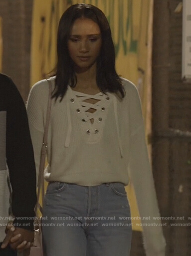 Layla's white lace-up sweater on All American