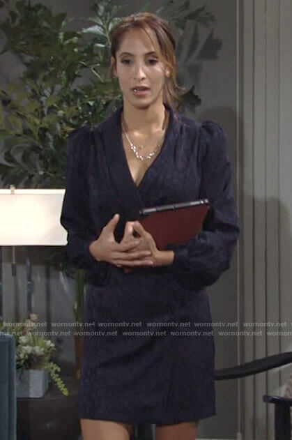 Lily's navy leopard wrap dress on The Young and the Restless