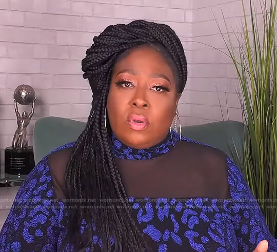 Loni's metallic blue leopard mesh top on The Real