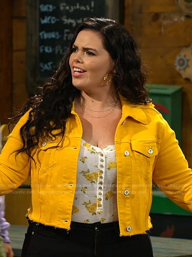 Lou's floral top and yellow denim jacket on Bunkd