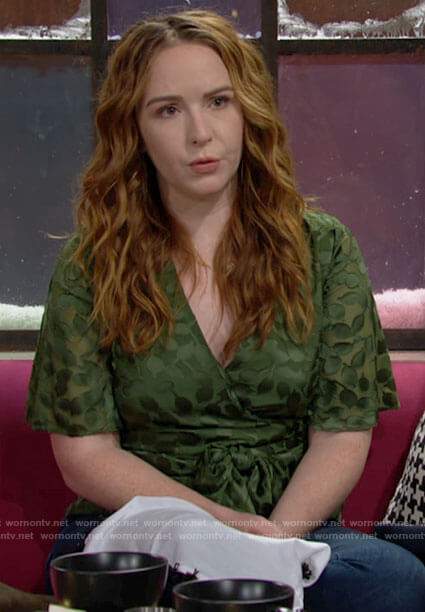 Mariah's green leaf patterned wrap top on The Young and the Restless