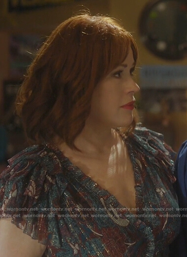 Mary's blue metallic floral dress on Riverdale