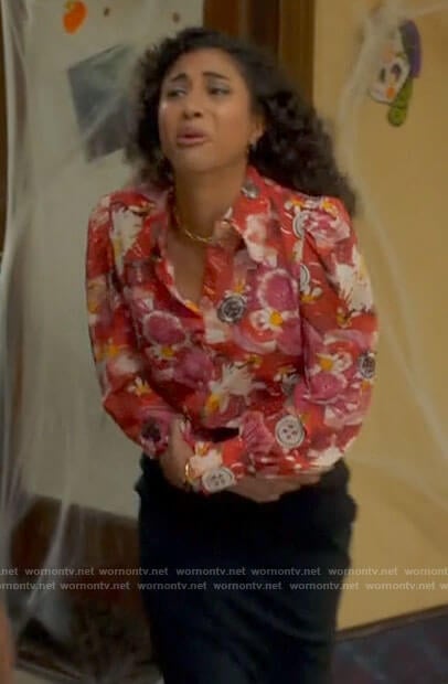 Mikaela's pink floral and button print blouse on Mr Mayor