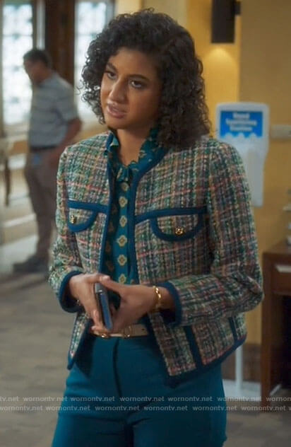 Mikaela's teal green tweed jacket and printed blouse on Mr Mayor