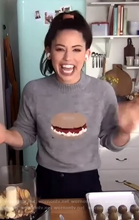 Molly Yeh's gray bagel print sweater on The Drew Barrymore Show
