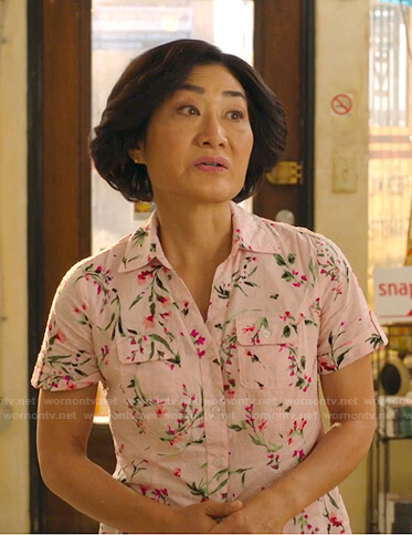 Mrs. Kim's pink floral print shirt on Kims Convenience