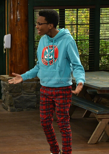 Noah's red plaid pants on Bunkd