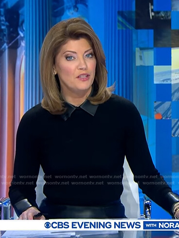 Norah's black sweater with leather collar on CBS Evening News