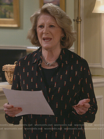 Norma's black lipstick print blouse on B Positive