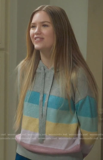 Orly's pastel rainbow striped hoodie sweater on Mr Mayor