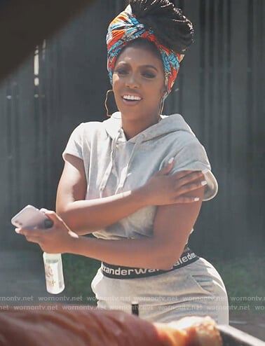 Porsha's gray cropped Alexander Wang hoodie and sweatpants on The Real Housewives of Atlanta