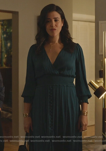 Shannon's teal surplice dress on Kims Convenience