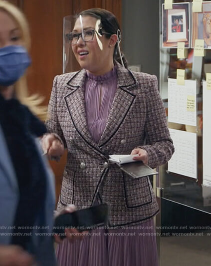 Sherri's purple tweed blazer and purple pleated dress on All Rise