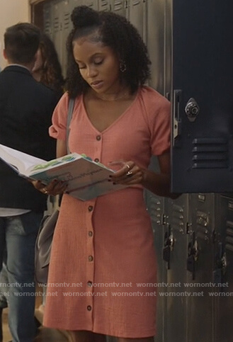 Simone's coral button button dress on All American