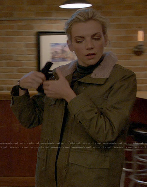 Sylvie's green jacket with pink sherpa collar on Chicago Fire