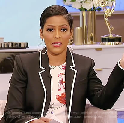 Tamron's floral top and black contrast trim blazer on Tamron Hall Show