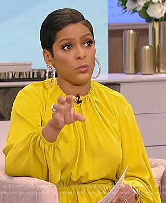 Tamron's yellow ruffle midi dress on Tamron Hall Show