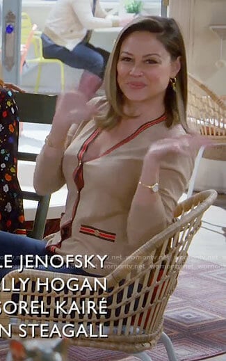 Tara's camel striped trim cardigan on Call Me Kat