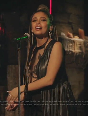 Toni's black leather fringe top on Riverdale