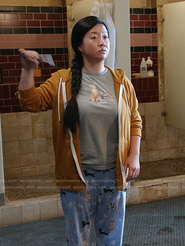 Alice's grey cat print tee and dog print pj pants on Good Trouble