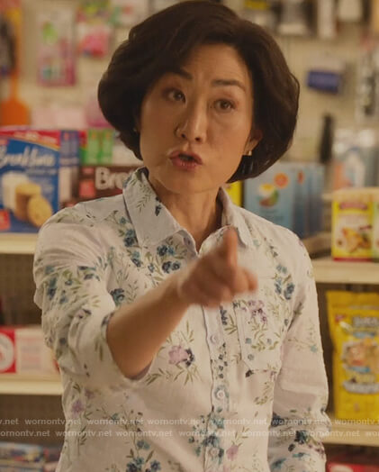 Mrs Kim's white floral top on Kims Convenience